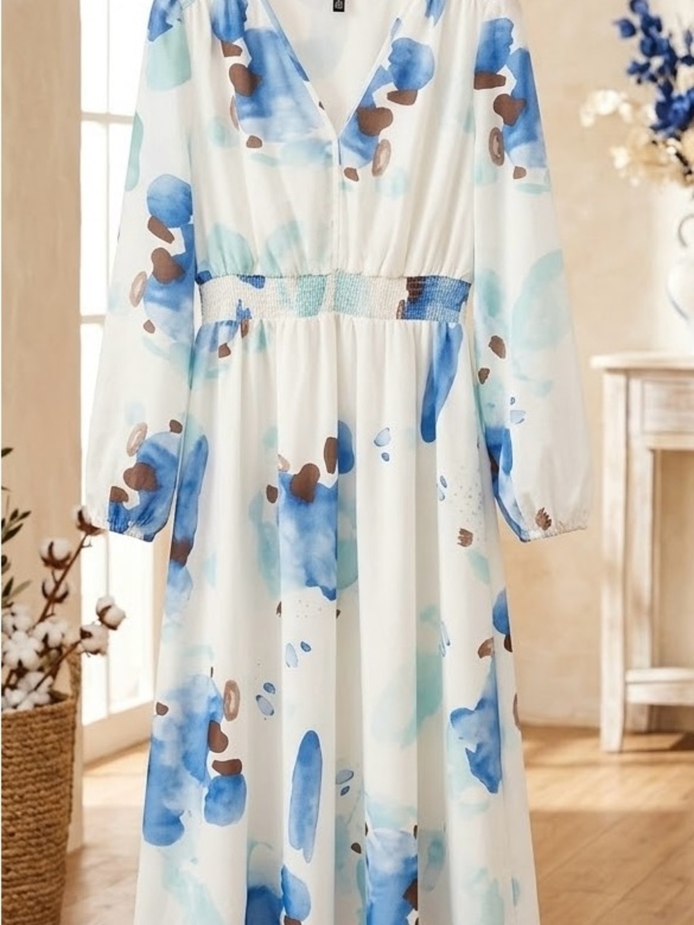 White Midi Dress with Blue Watercolor Print